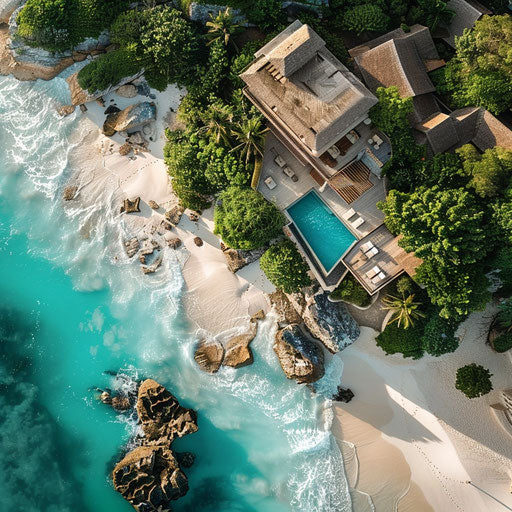 Beach house with turquoise waters aerial view