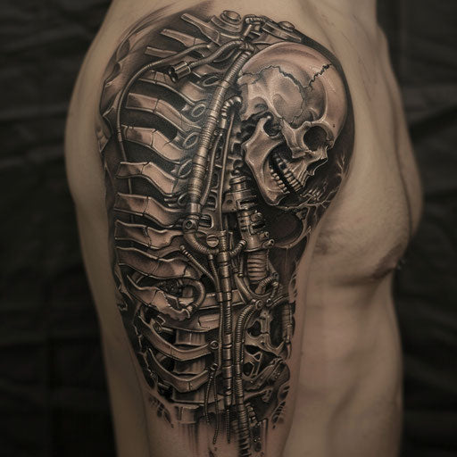 Tattoo symbols with mechanical elements, in the style of Adrian Smith