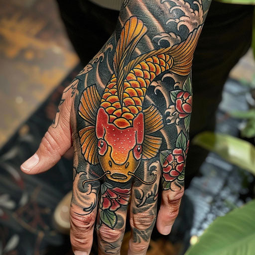 Hand tattoo of a koi fish, in the style of Ami James