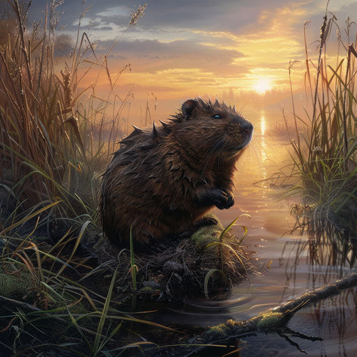 Muskrat in a lush marshland at dawn