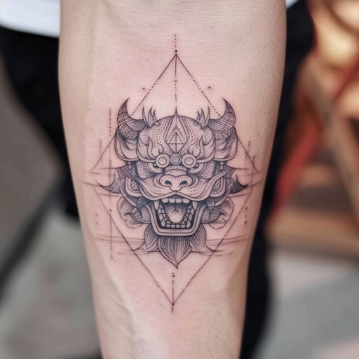 Geometric foo dog tattoo on white canvas