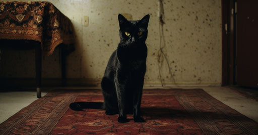 A black cat on the carpet in an apartment