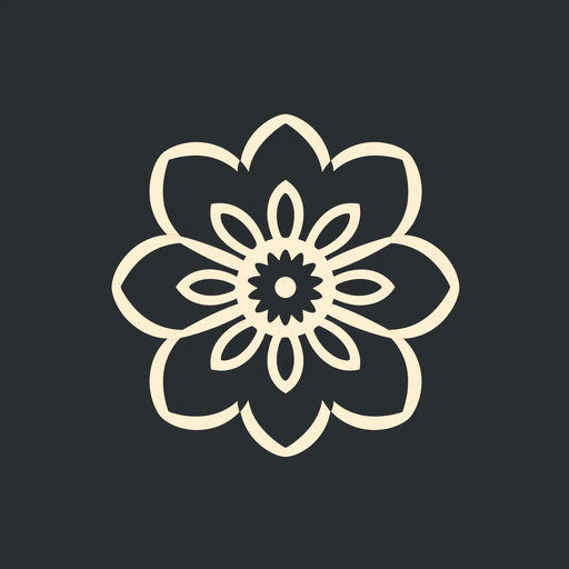 Black flower in circular outline, bold stencil style minimalism