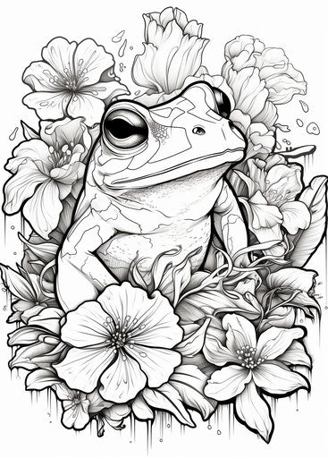 Frog coloring page with flowers, decorative motifs, cute punk