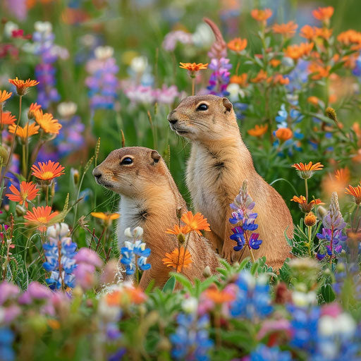 Prairie dogs amidst vibrant wildflowers