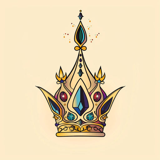 Regal gold crown silhouette with sparkling jewel tones, tattoo sketch