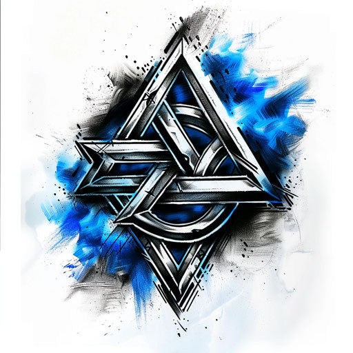 Graphic tattoo sketch of a Valknut with thick black outlines and bright blue accents