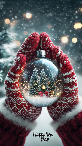 Red and white gloves holding oval Christmas ornament