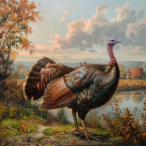 Wild turkey near a peaceful riverbank