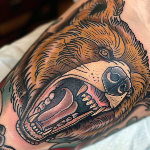 A fierce neo-traditional tattoo of a roaring bear