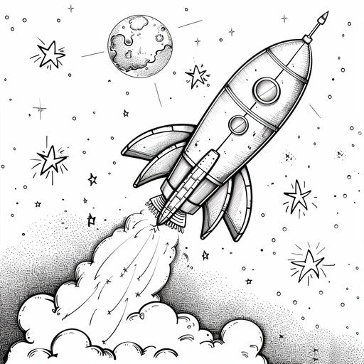 Rocket ship taking off into space with stars, coloring page