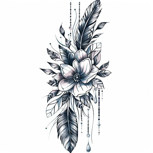Boho chic floral tattoo design with feathers and beads on white