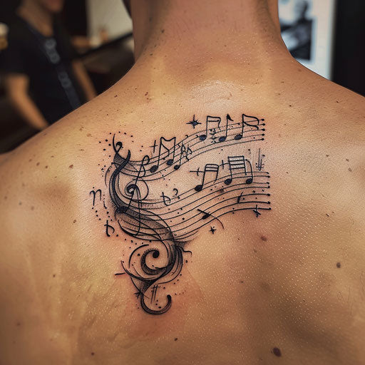 Shadow tattoo of a musical score on white background