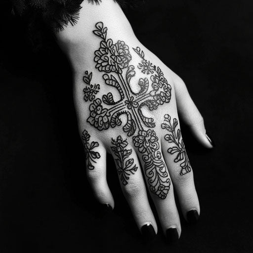 Cross tattoo on hand with intricate floral patterns