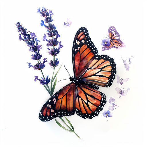 Realistic monarch butterfly landing on a lavender flower, detailed tattoo art, on white background.