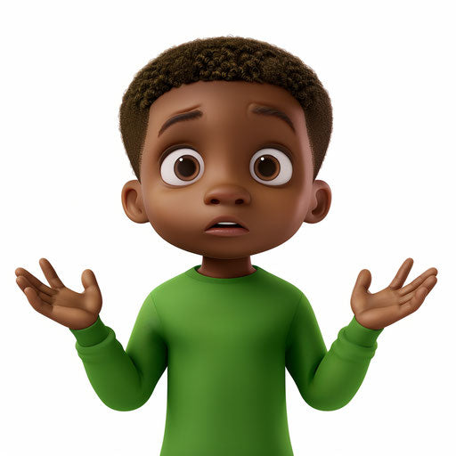 Confused black boy in green longsleeved on white