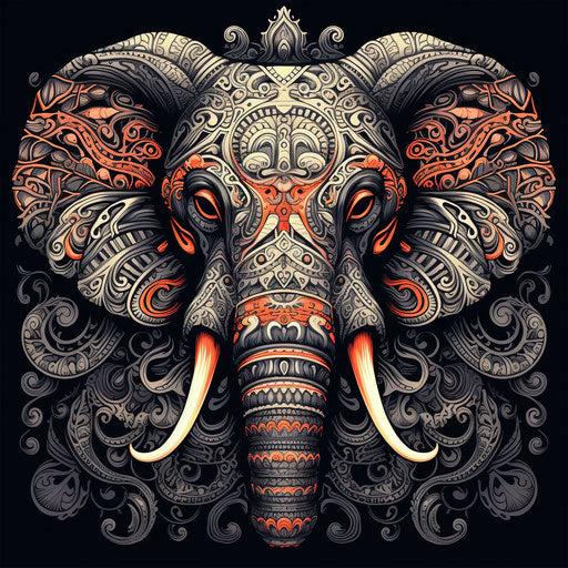 Elephant-inspired dotwork with symmetrical skulls