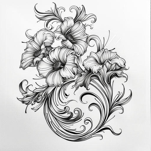 Dynamic tattoo sketch of October birth flowers in a swirling art nouveau style