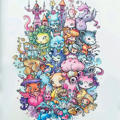 Whimsical tattoo sketch for a cross stitch tattoo featuring fairy tale characters in pastel colors