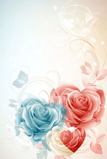 Valentine's Day heart-shaped roses and swirls illustration in red, pink, blue, and cream on light pastel background, elegant, romantic, detailed