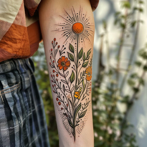 Wildflower tattoo with sun, warm colors, detailed rays