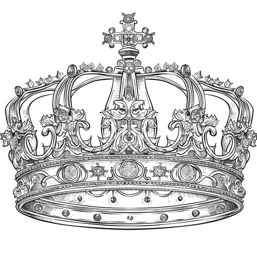 Medieval king's crown with engravings and jewels. Coloring book page