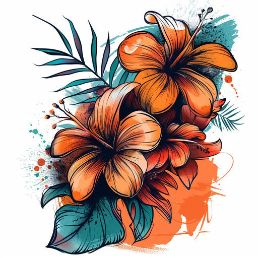 Exotic flat tattoo sketch with tropical flowers
