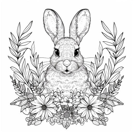 A bunny surrounded by a wreath of spring flowers and leaves