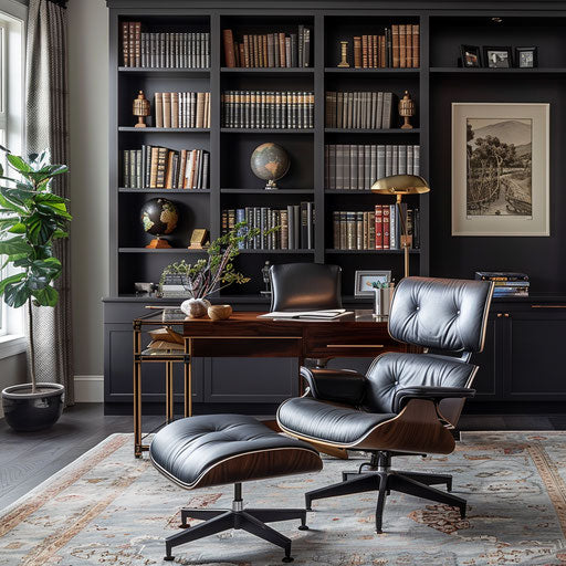 Sophisticated home office with leather chair and bookshelves