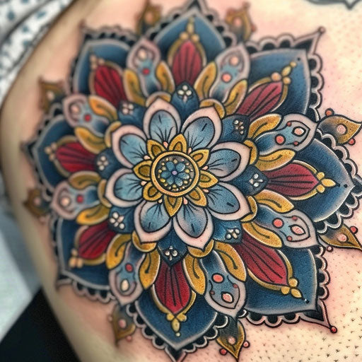 Intricate neo-traditional mandala tattoo in vibrant colors