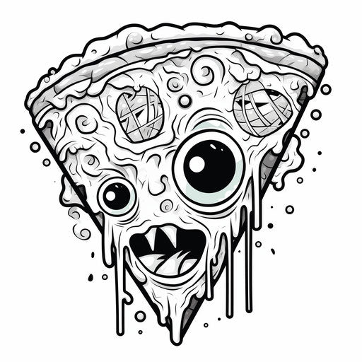 Coloring page of a slice of pizza in kawaii street art style