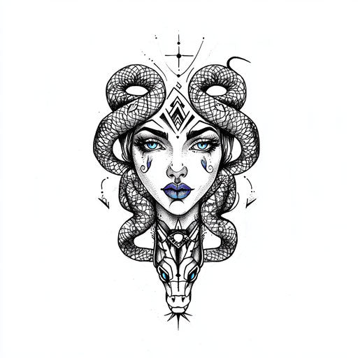 Flat tattoo sketch of medusa hand tattoo with geometric patterns