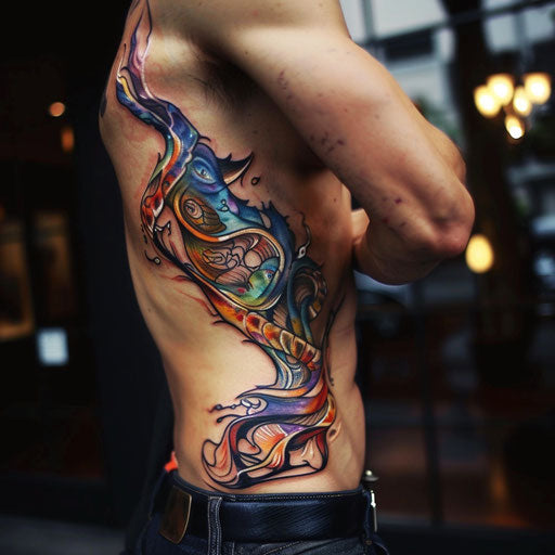 Rib tattoos men vibrant colors Guy Aitchison style