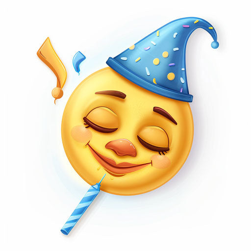 Yellow face blowing on party blower with blue birthday hat