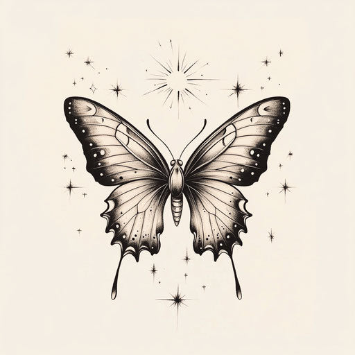 Butterfly surrounded by stars in pastel shades on white