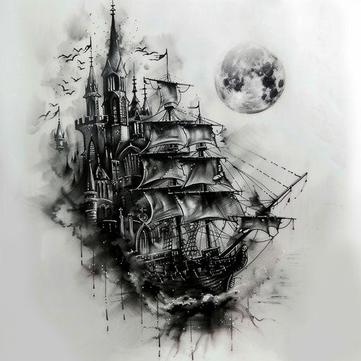 Black and grey gothic tattoo sketch: ghostly galleon with moonlight