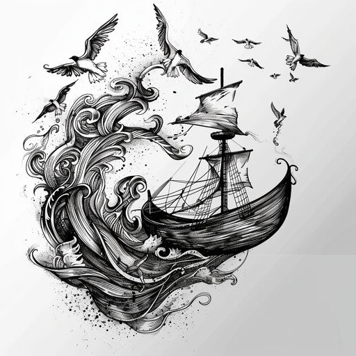 Stylized sketch of a boat with swirling winds and flying birds