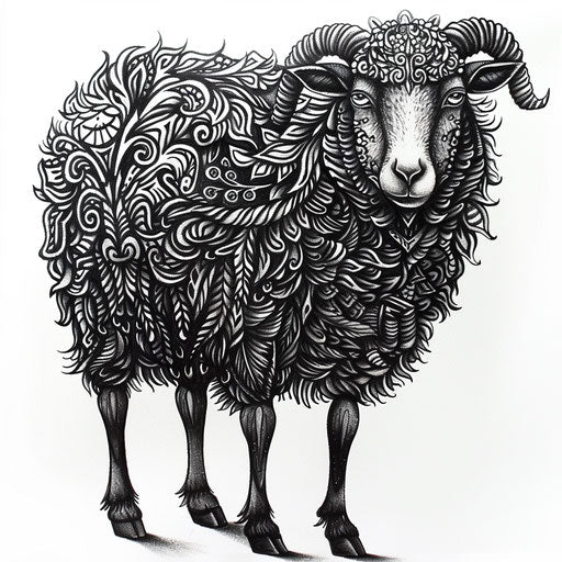 Illustration of a black sheep tattoo design with intricate details