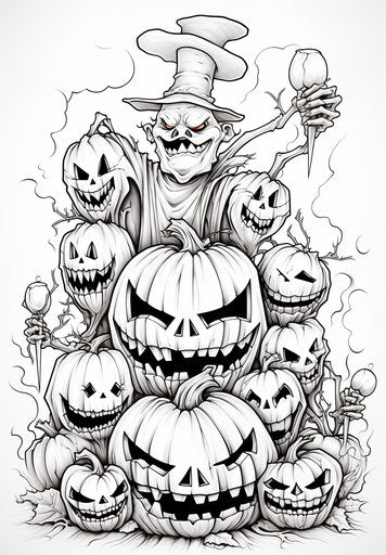 seven scary pumpkins coloring pages, columns and totems style, punctuated caricature, c-mount lens, ferrania p30 film, piles, jack davis, poster 23:33