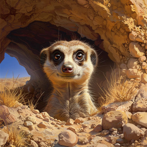 Meerkat peeking from burrow, curious eyes glinting