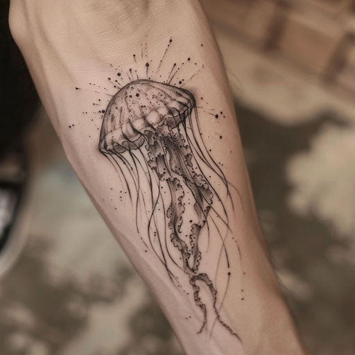 Surreal jellyfish tattoo blending space and sea on white