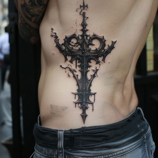 Rib tattoos of a gothic cross, in the style of Gerald Brom