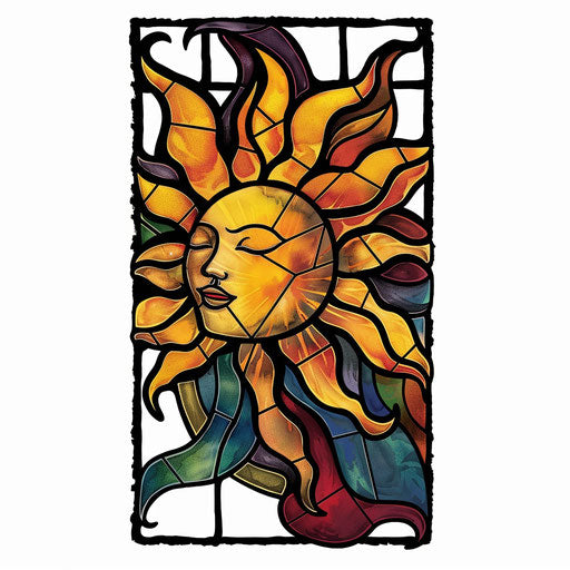 The Sun tattoo design, vibrant stained glass style
