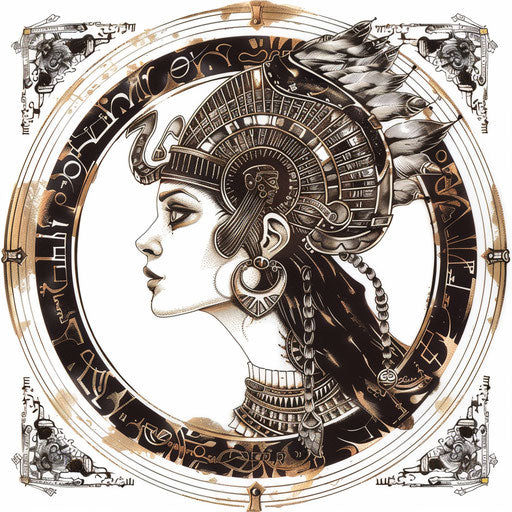 Steampunk Cleopatra tattoo stencil with mechanical elements, bronze ink on white