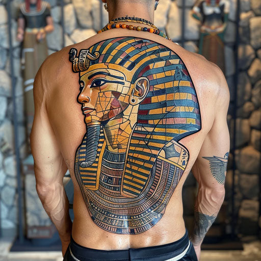 Ancient Egyptian patchwork tattoo in the style of Ami James