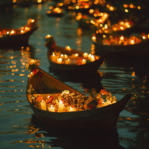 Water lantern festival with adorned boats