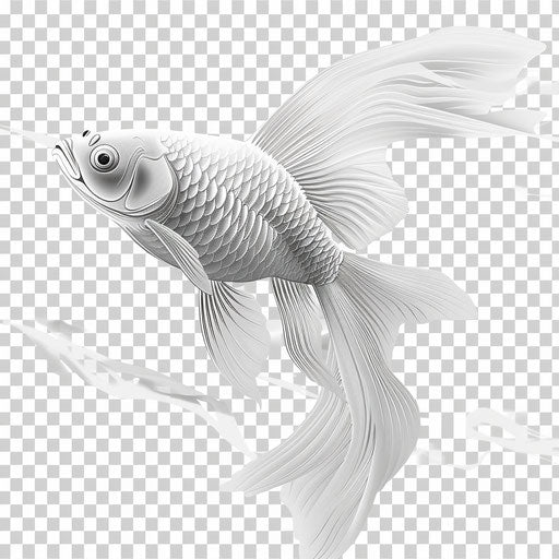 Goldfish clipart in photo realistic style with a flat random background, monochrome palette and detailed wings