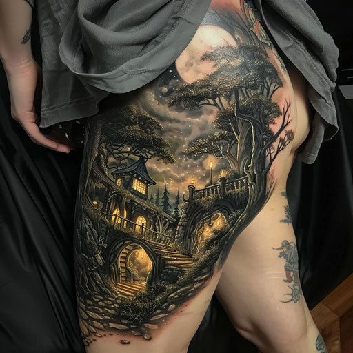 Thigh tattoo with epic fantasy scenes