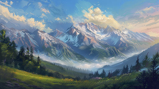 Bob Ross style painting of Pikes Peak Colorado 16:9