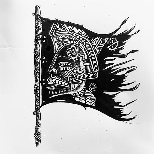Exotic flat tattoo sketch of a black flag adorned with traditional Polynesian motifs